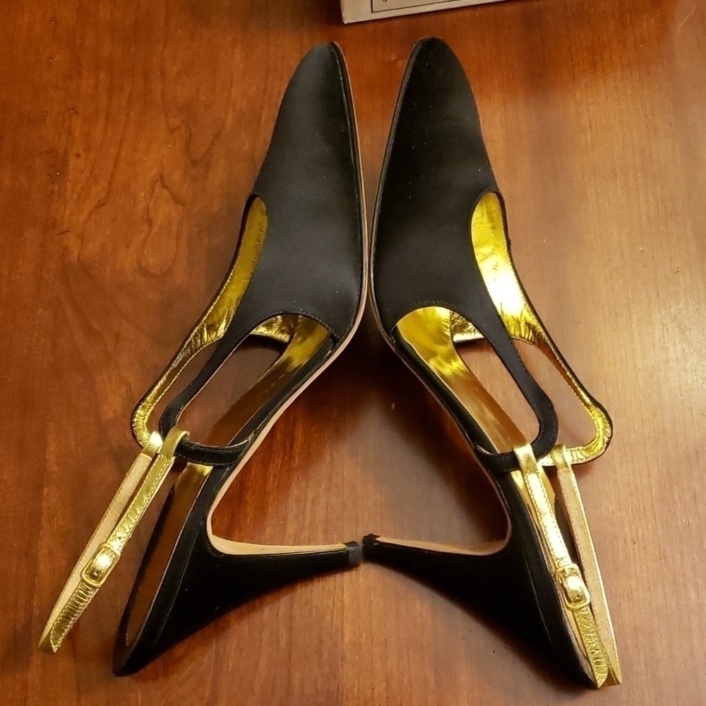 Silvia Florentina Silvia 8N Black & Gold Leather & Satin Sling Back EUC inBx